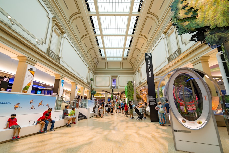 Visitors explore the Hall of Fossils exhibit, showcasing prehistoric skeletons and a Mass Extinction display under a skylit gallery.