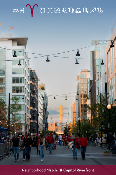 Graphic highlighting Aries with a lively street scene in Capitol Riverfront and the caption “Your Neighborhood Match: Capitol Riverfront.”