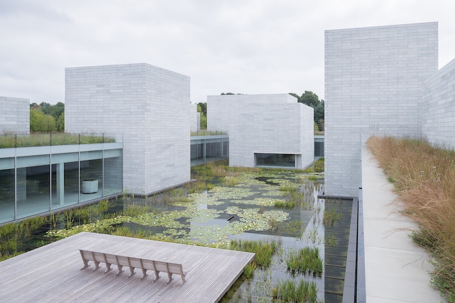 The Water Court at the Pavilions features gray concrete buildings reflected in a pond with lily pads and grasses.