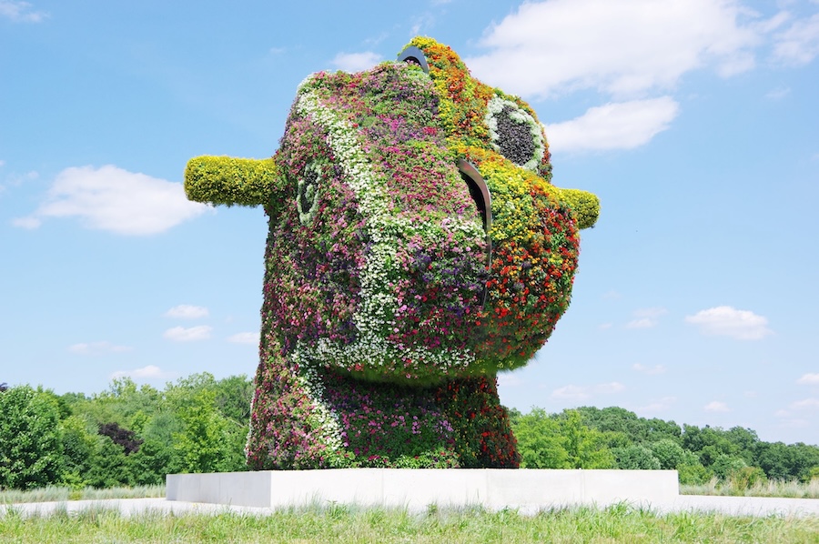 Jeff Koons’s “Split-Rocker” is a massive floral sculpture shaped like a rocking horse head, covered in colorful blooming plants.