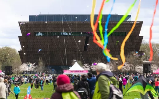 A colorful scene from the Blossom Kite Festival with kites flying in the sky in front of the National Museum of African American History and Culture.
